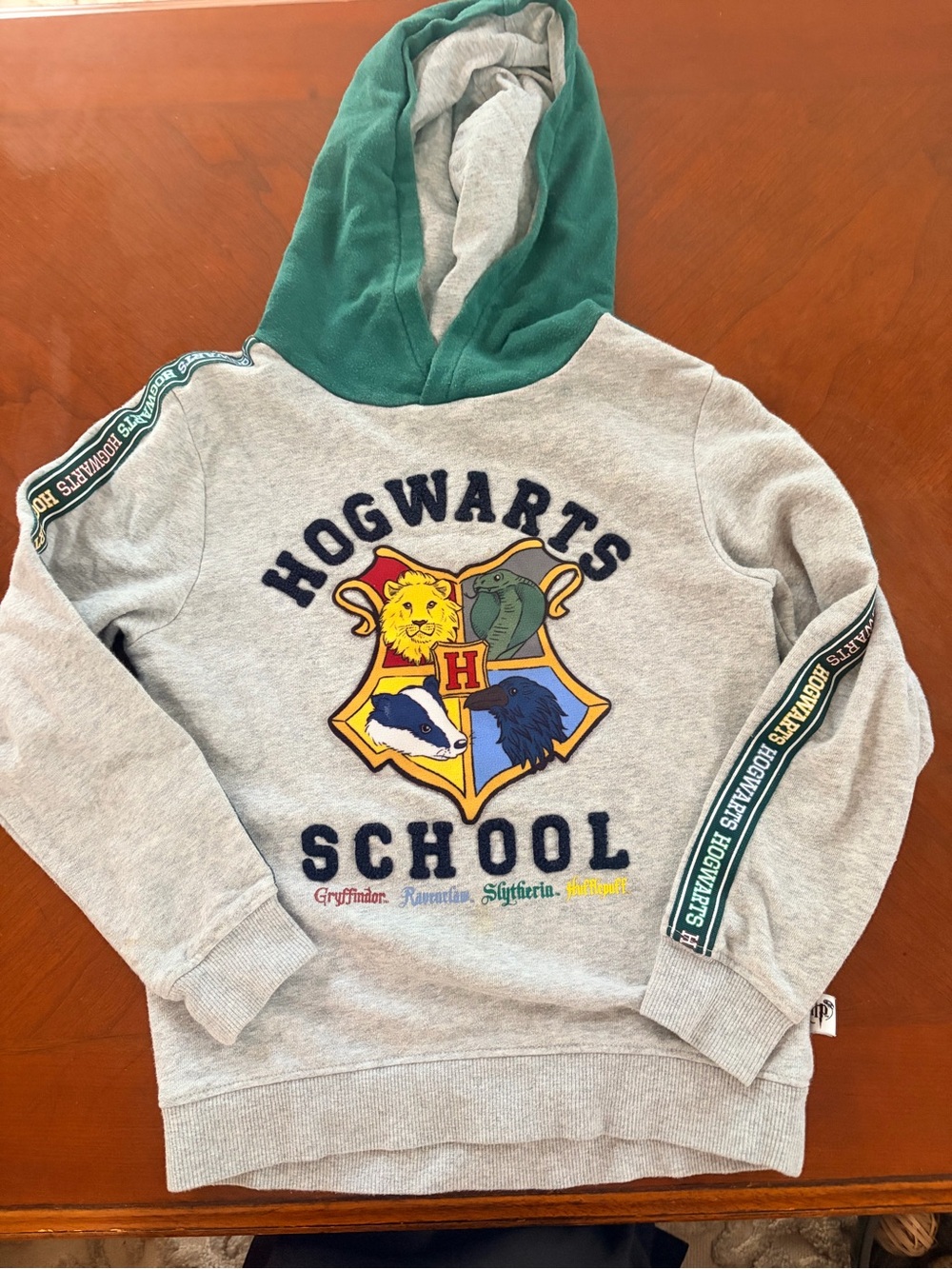 H&M Grey Hoodie with Green Hood and Hogwarts Crest
